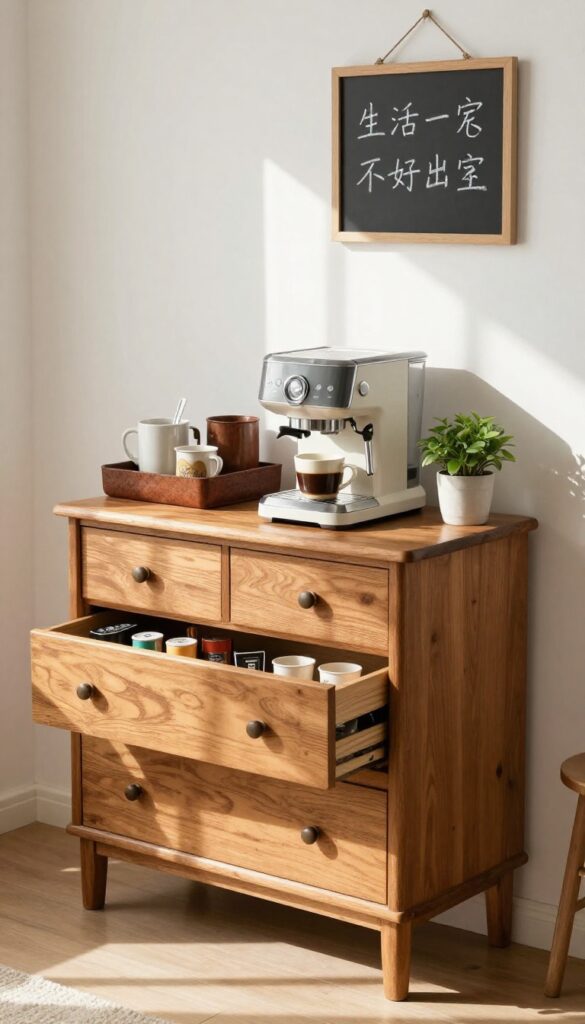 A vintage wooden dresser repurposed as a coffee station in a bright kitchen corner, with an espresso machine, mugs, and organized supplies.