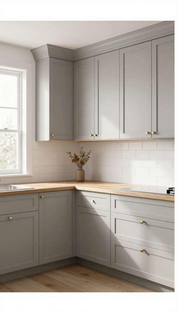 Greige painted kitchen cabinets with warm neutral tones and natural light