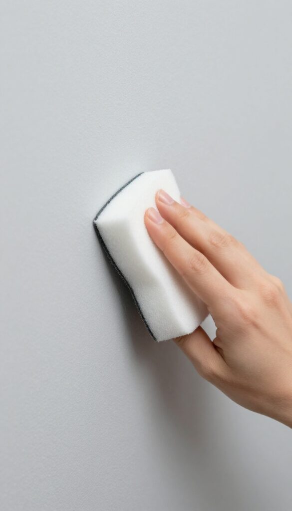 Hand using a magic eraser to clean a scuff mark off a wall