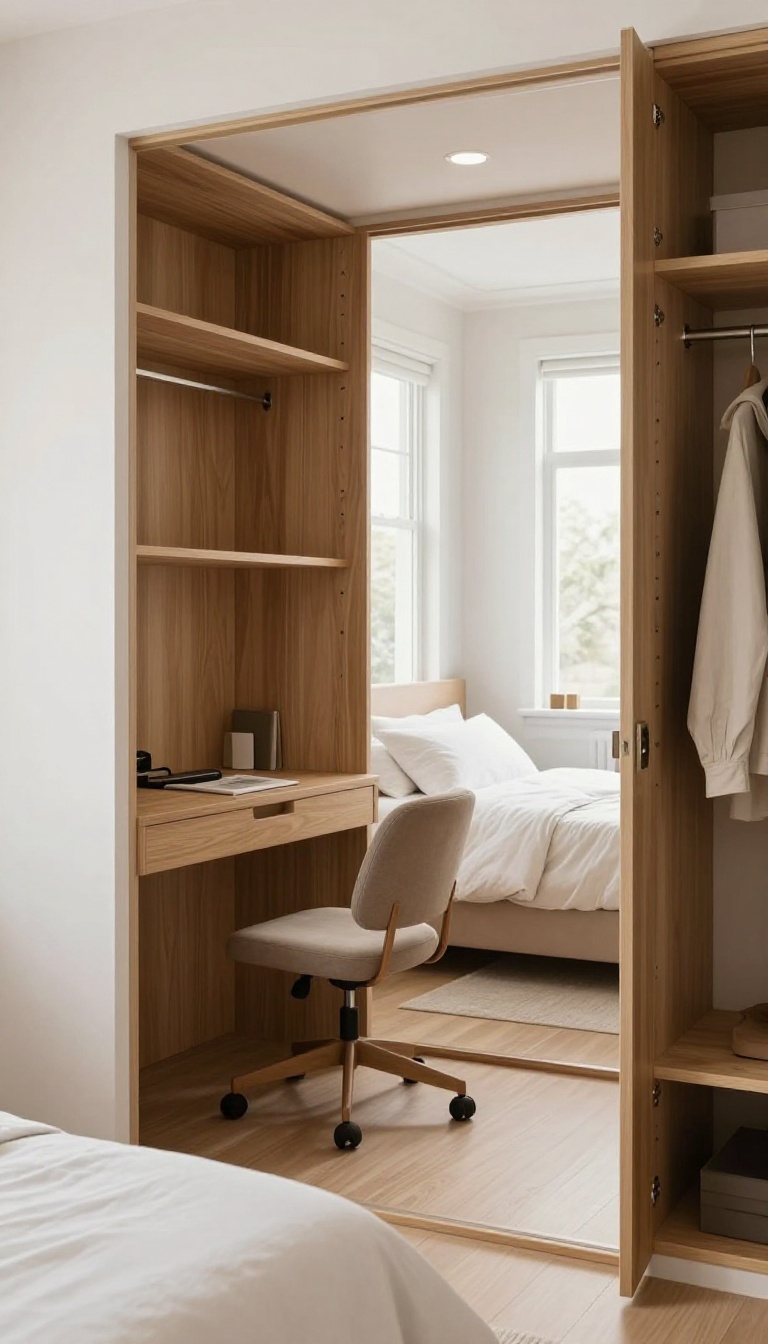 A walk-in closet converted into a compact home office, with a guest bed visible in the adjoining room, showcasing a dual-purpose small space layout.