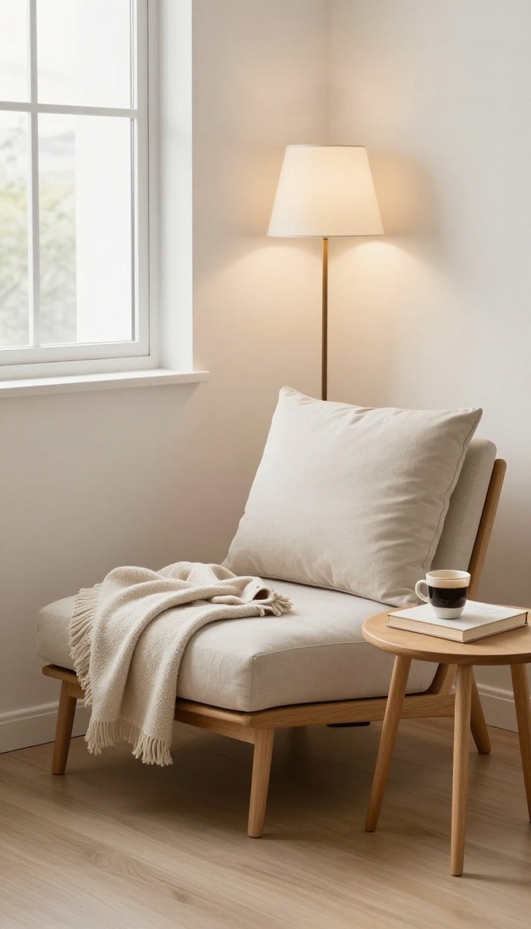 Cozy reading nook in a small bedroom corner with a comfortable chair, small table, and warm lighting.