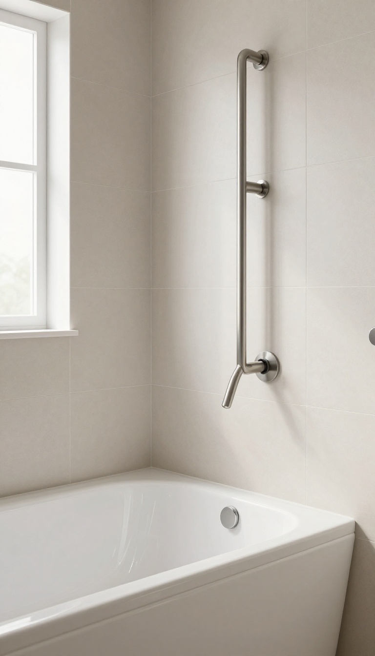 Modern bathroom with bathtub and shower featuring a built-in grab bar for safety.