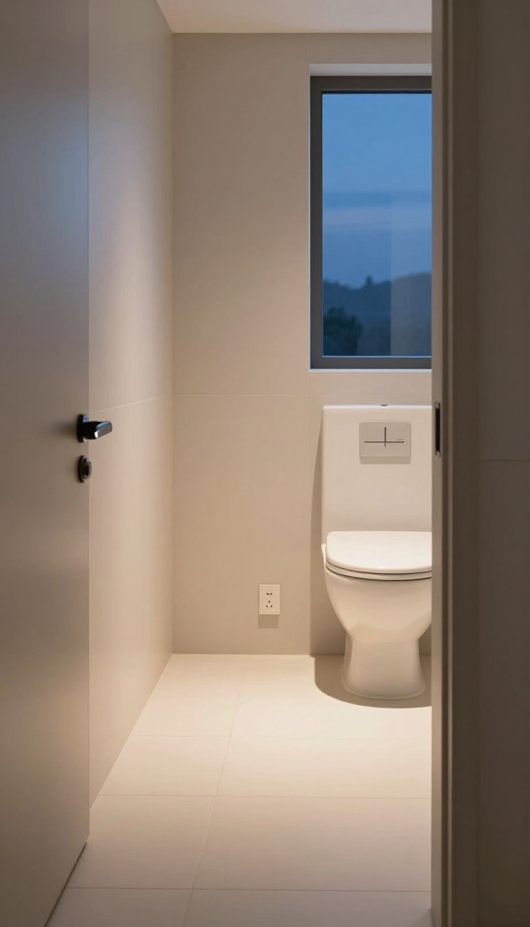 A modern guest bathroom with a motion-sensor night light glowing softly near the floor, illuminating the path at night.