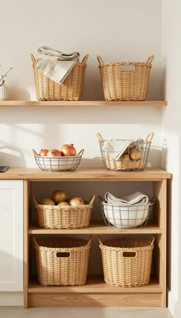 Open kitchen shelves styled with a mix of woven and wire baskets holding produce and linens, creating a cozy and organized look.