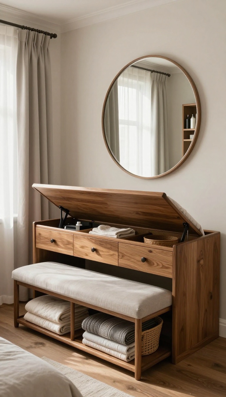 Small bedroom with hidden storage under bed, storage bench, and mirrored cabinet, showcasing a polished, organized look.