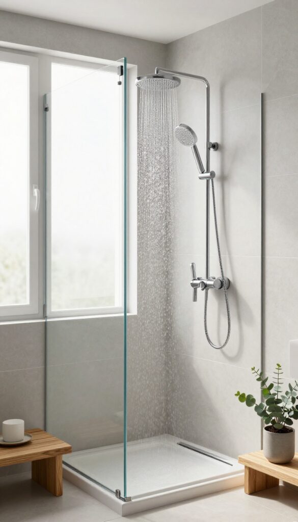 Corner shower with dual showerheads on adjacent walls in a small modern bathroom, maximizing space with a spa-like feel.