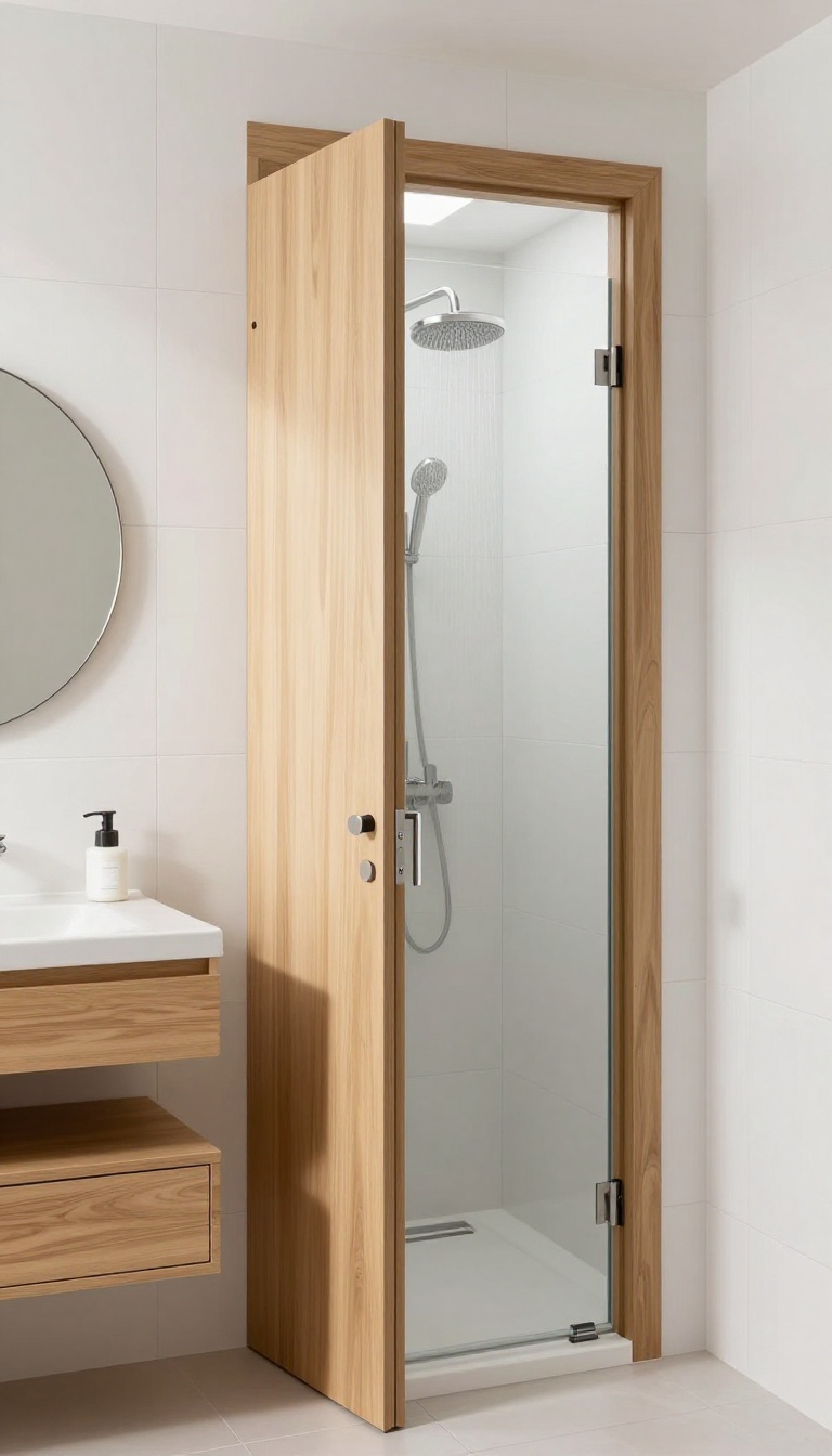 Tiny bathroom with a pocket door and compact shower, showing space-saving design