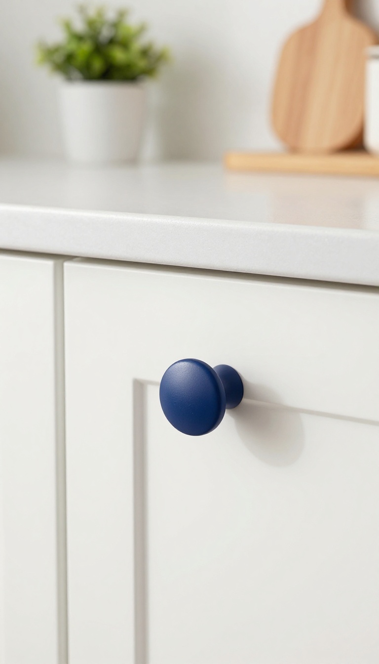 White kitchen cabinet with navy blue knob in bright natural light