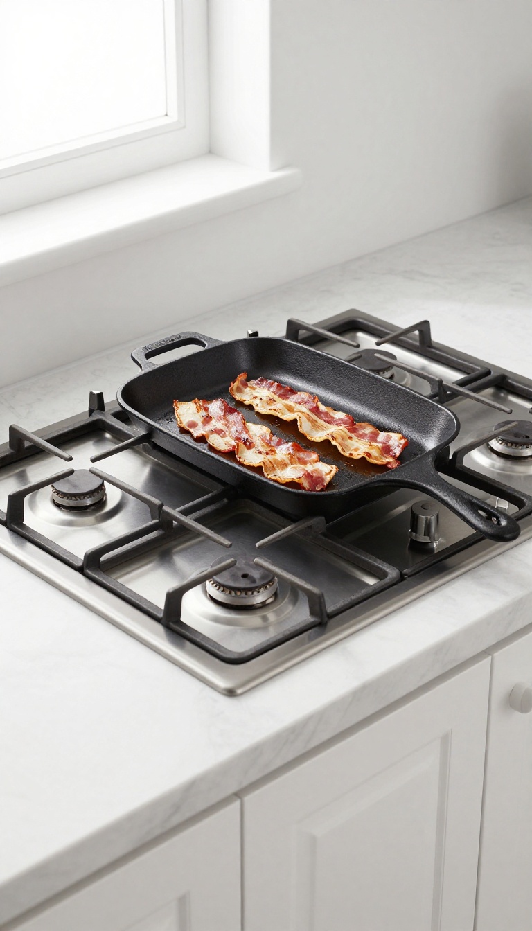 Gas stove with griddle cooking pancakes and bacon in a bright kitchen