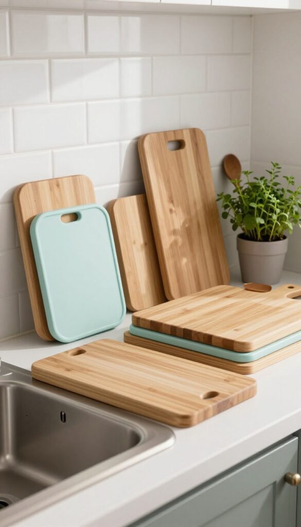 Coordinated cutting boards in wood, bamboo, and plastic leaning against a kitchen backsplash, styled with a small plant for a warm, practical display.