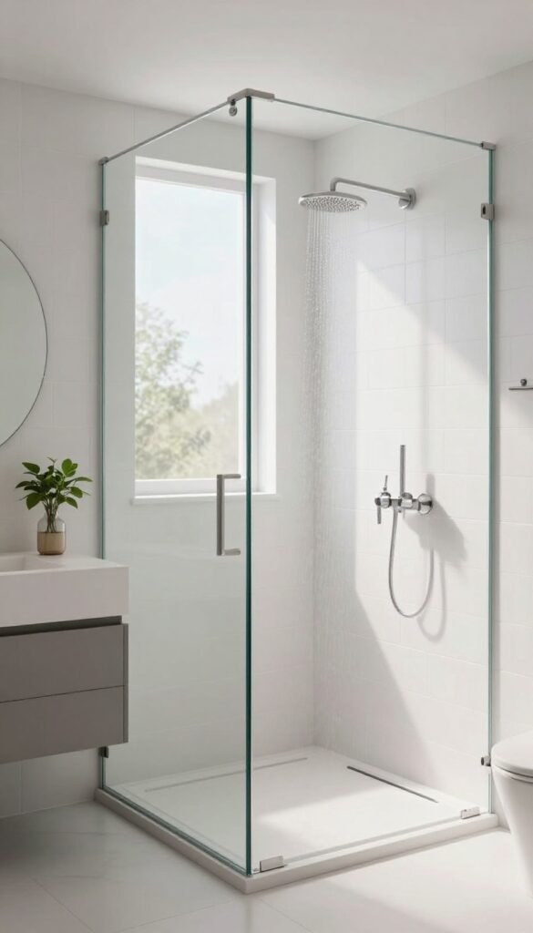 Frameless glass shower panel in a small bathroom with natural light and minimalist decor