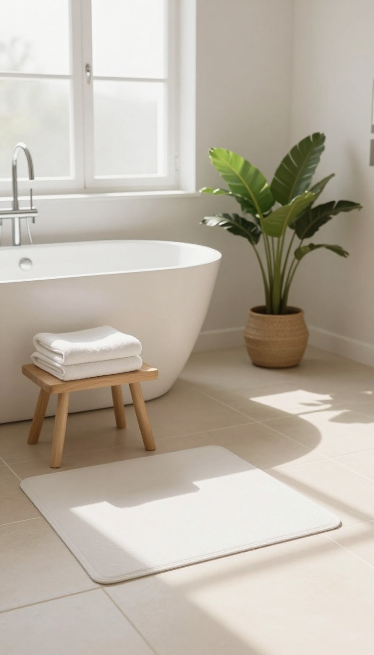 A plush heated floor mat beside a white bathtub in a bright, modern guest bathroom
