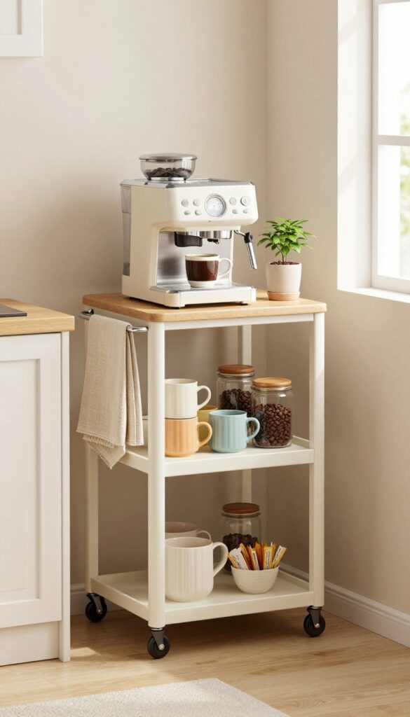 Rolling cart coffee station in a bright kitchen with espresso machine and mugs