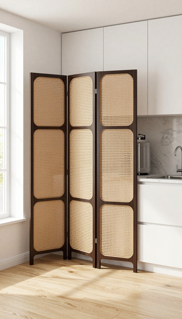 Decorative folding screen hiding a gas cylinder in a bright modern kitchen