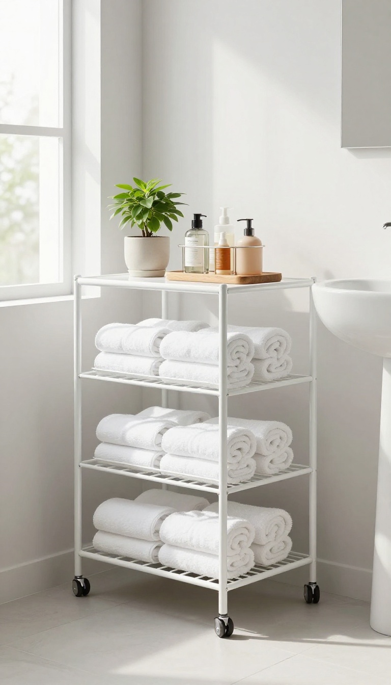 Slim rolling cart with towels and toiletries in a bright guest bathroom