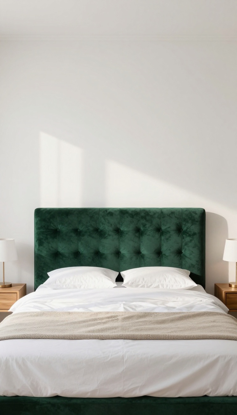 Small boutique-style bedroom with a statement emerald green velvet headboard, white bedding, and natural light.