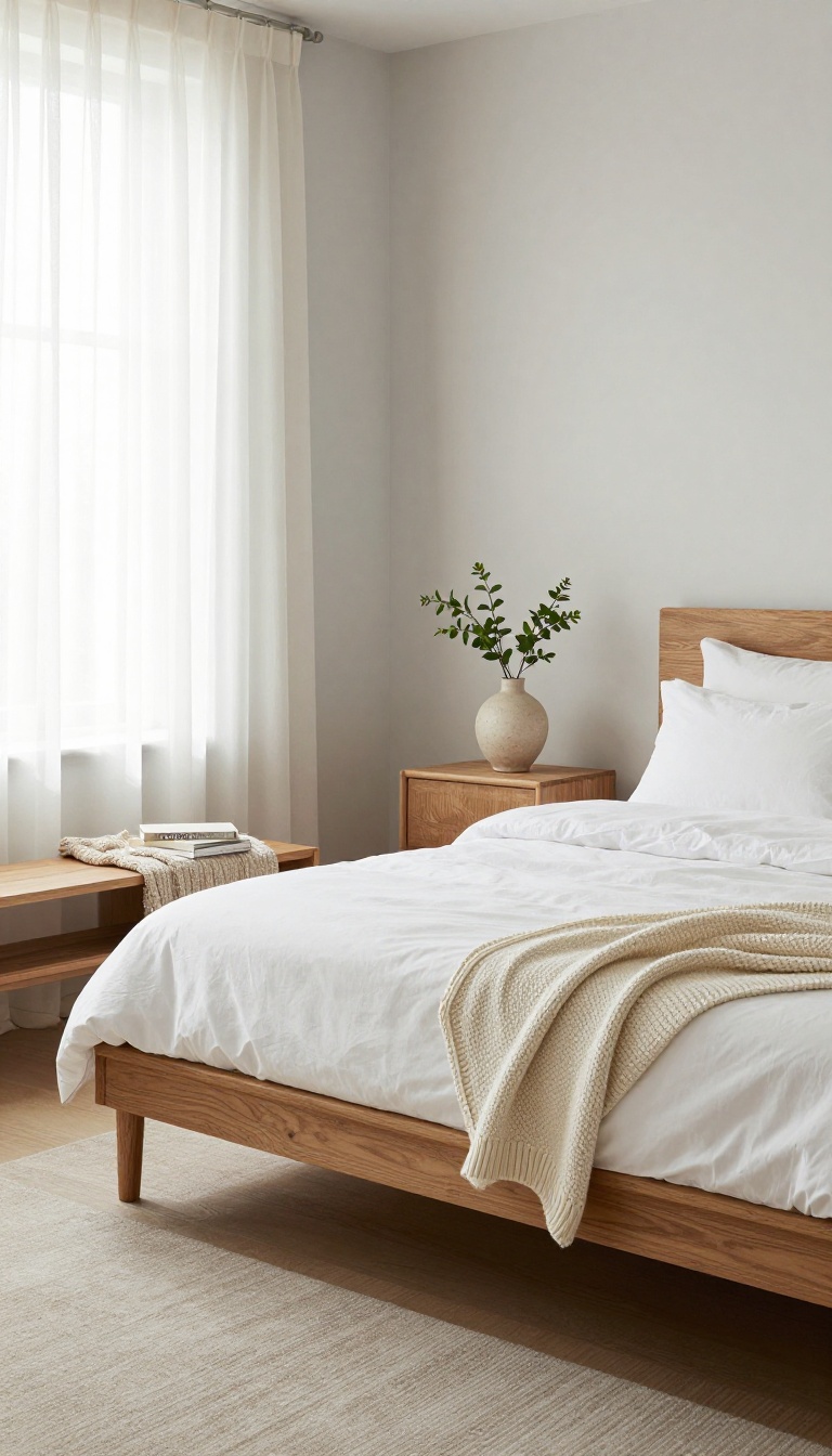Cozy modern guest bedroom with warm wood accents, soft textiles, and bright natural light