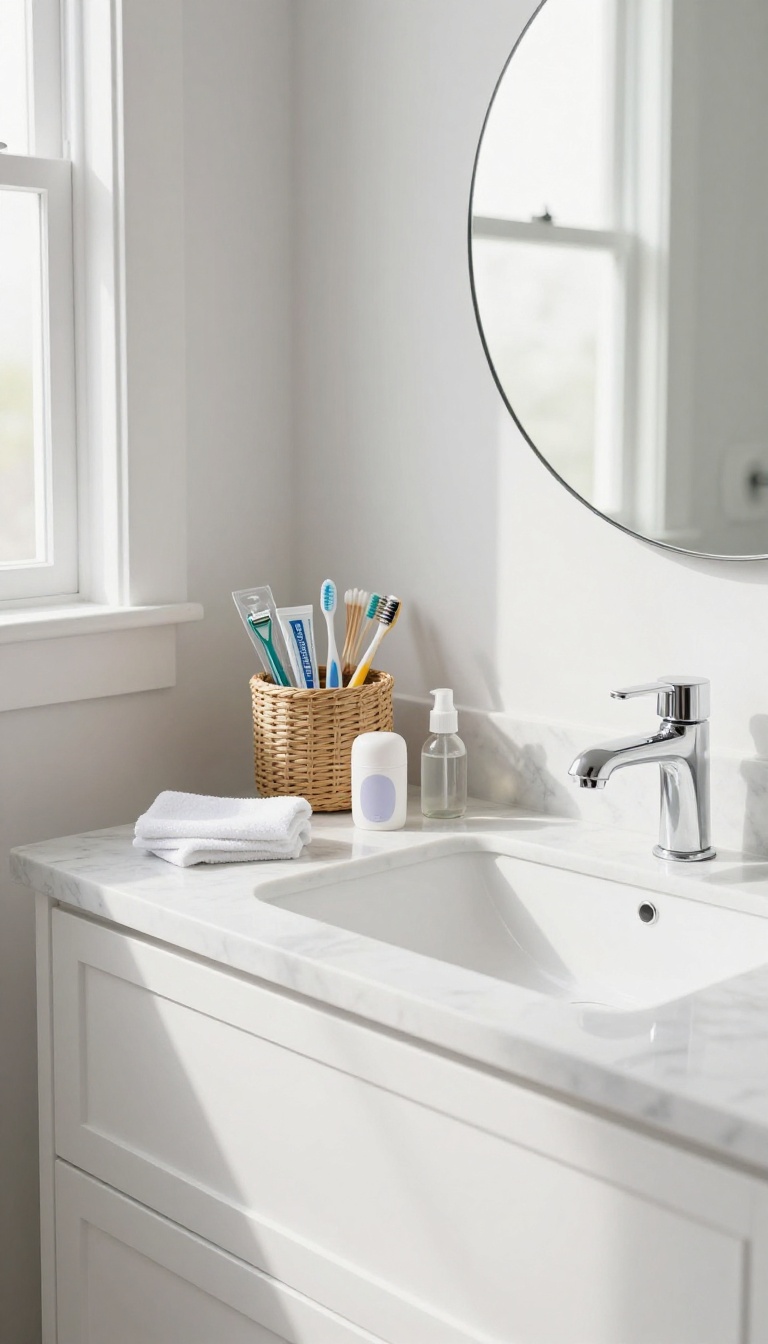 Seagrass basket with fresh toiletries on a bathroom counter