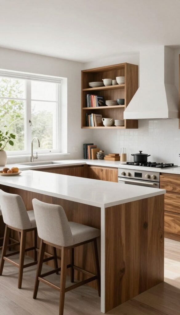 Multi-functional kitchen island with seating, waterfall edge, and built-in storage in a bright open-concept kitchen