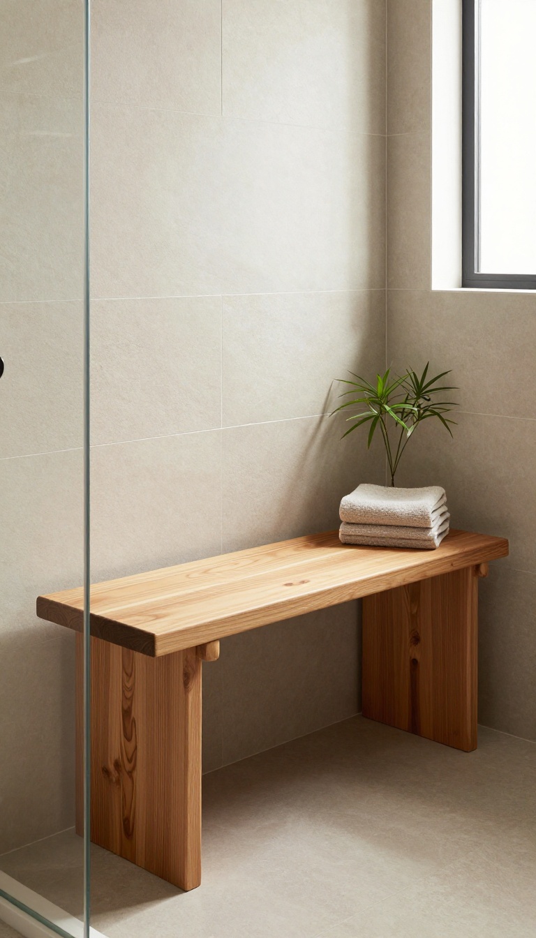 A custom teak wood shower bench in a modern bathroom with natural light and towels nearby.