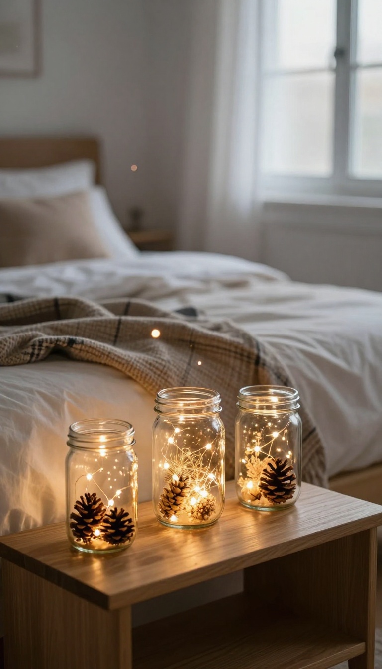 Mason jars filled with glowing fairy lights on a bedside table in a cozy bedroom