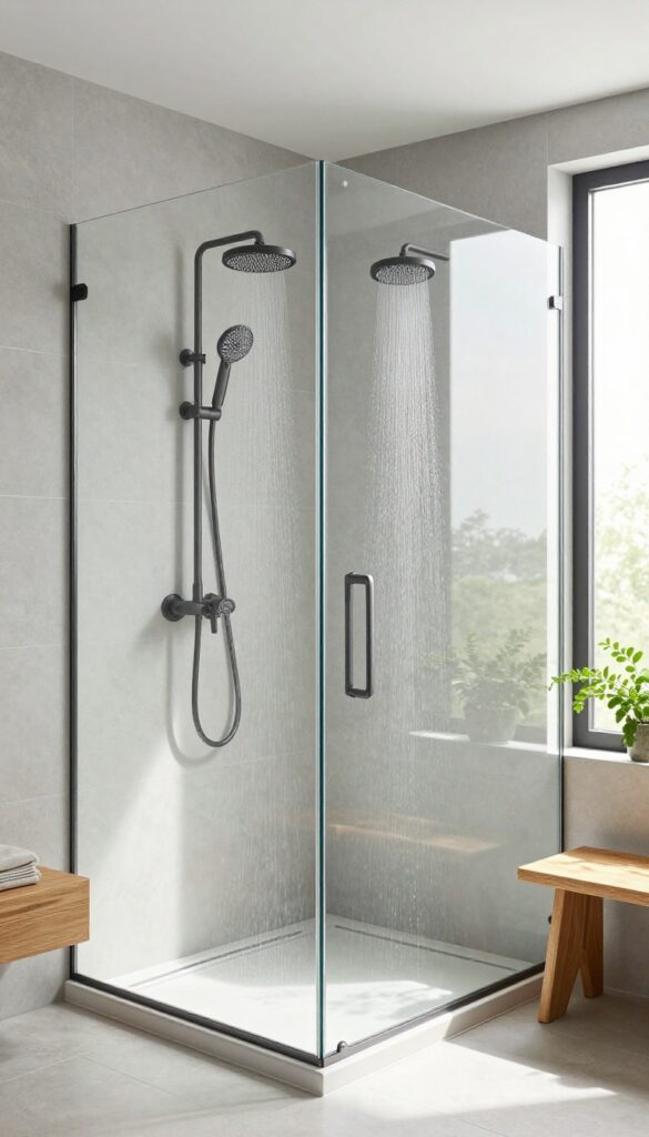 Eco-friendly dual-head shower with low-flow technology in a modern bathroom