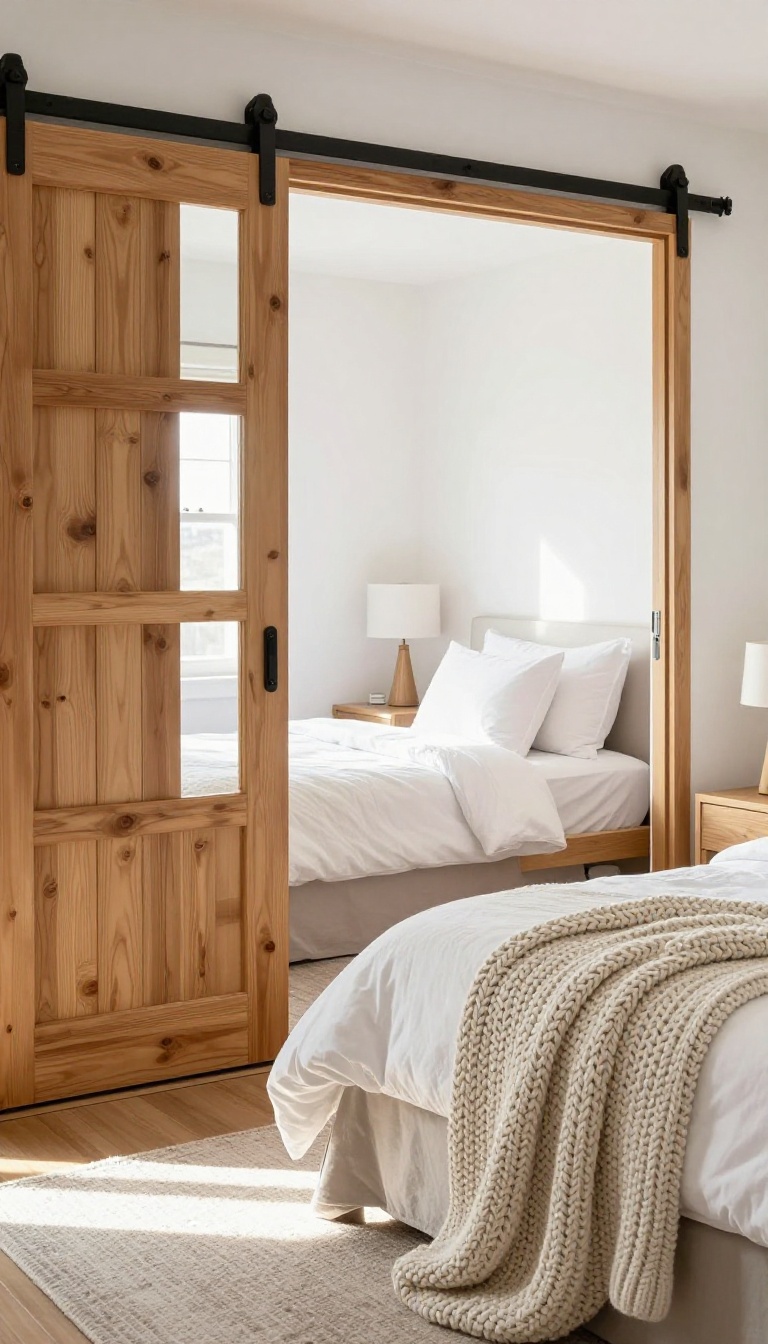 A guest room with a closed sliding barn door hiding a compact office nook, showcasing a modern farmhouse style.