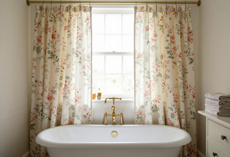 Vintage floral shower curtain in a charming bathroom with clawfoot tub and brass fixtures