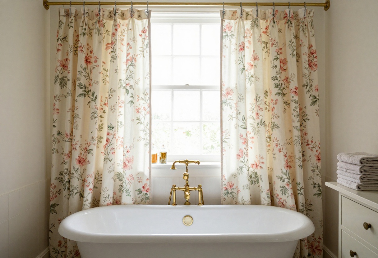 Vintage floral shower curtain in a charming bathroom with clawfoot tub and brass fixtures