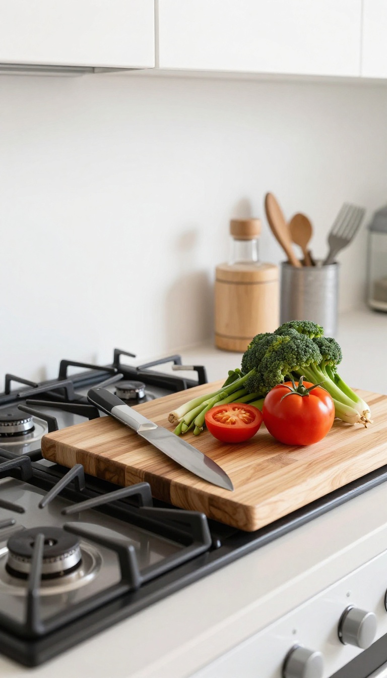 Wooden stove top cover used as a cutting board in a bright, modern kitchen