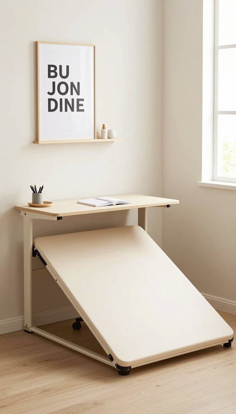Wall-mounted desk with fold-down bed in a small room