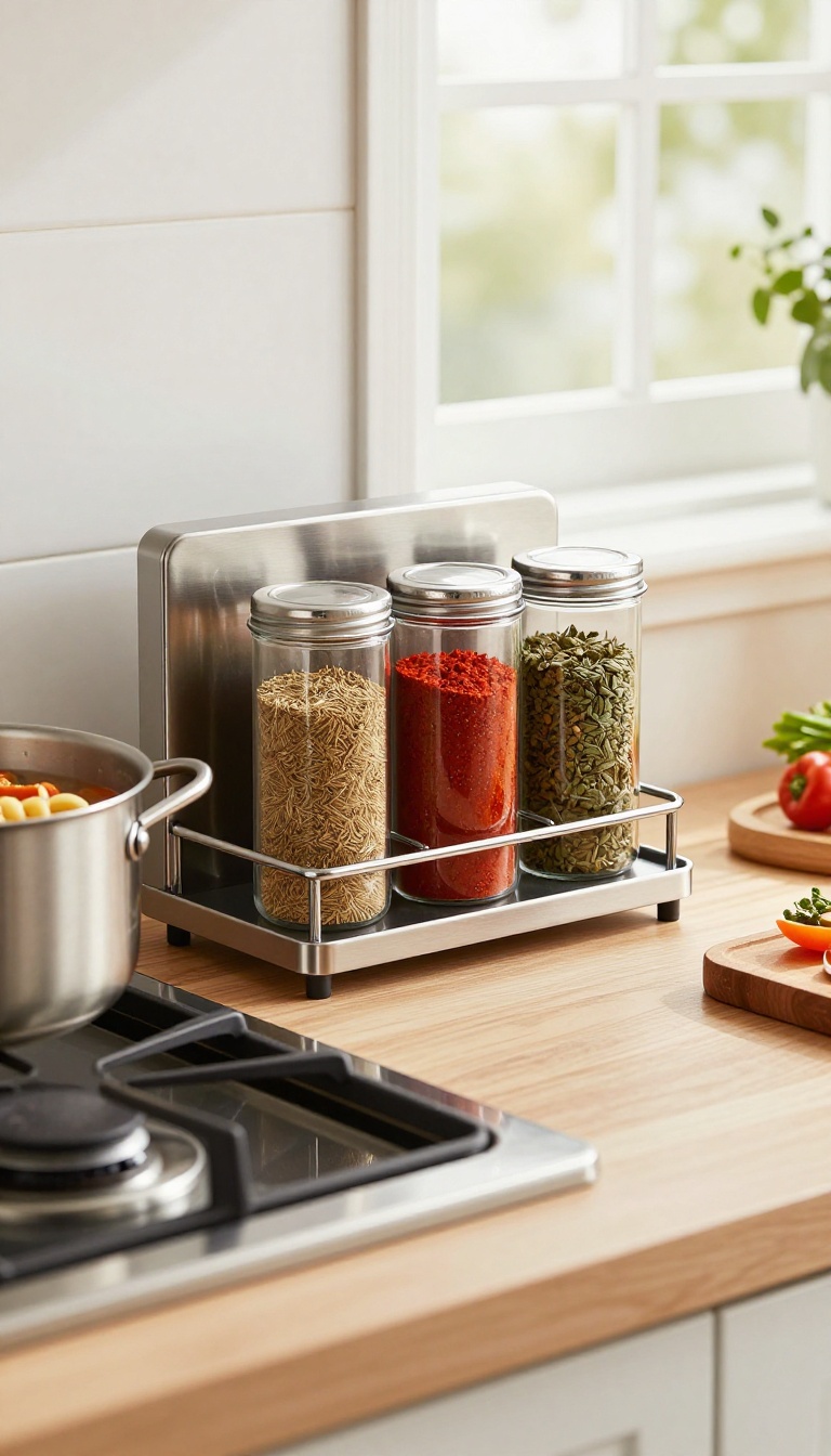 Magnetic spice rack mounted on the side of a gas stove in a bright, organized kitchen