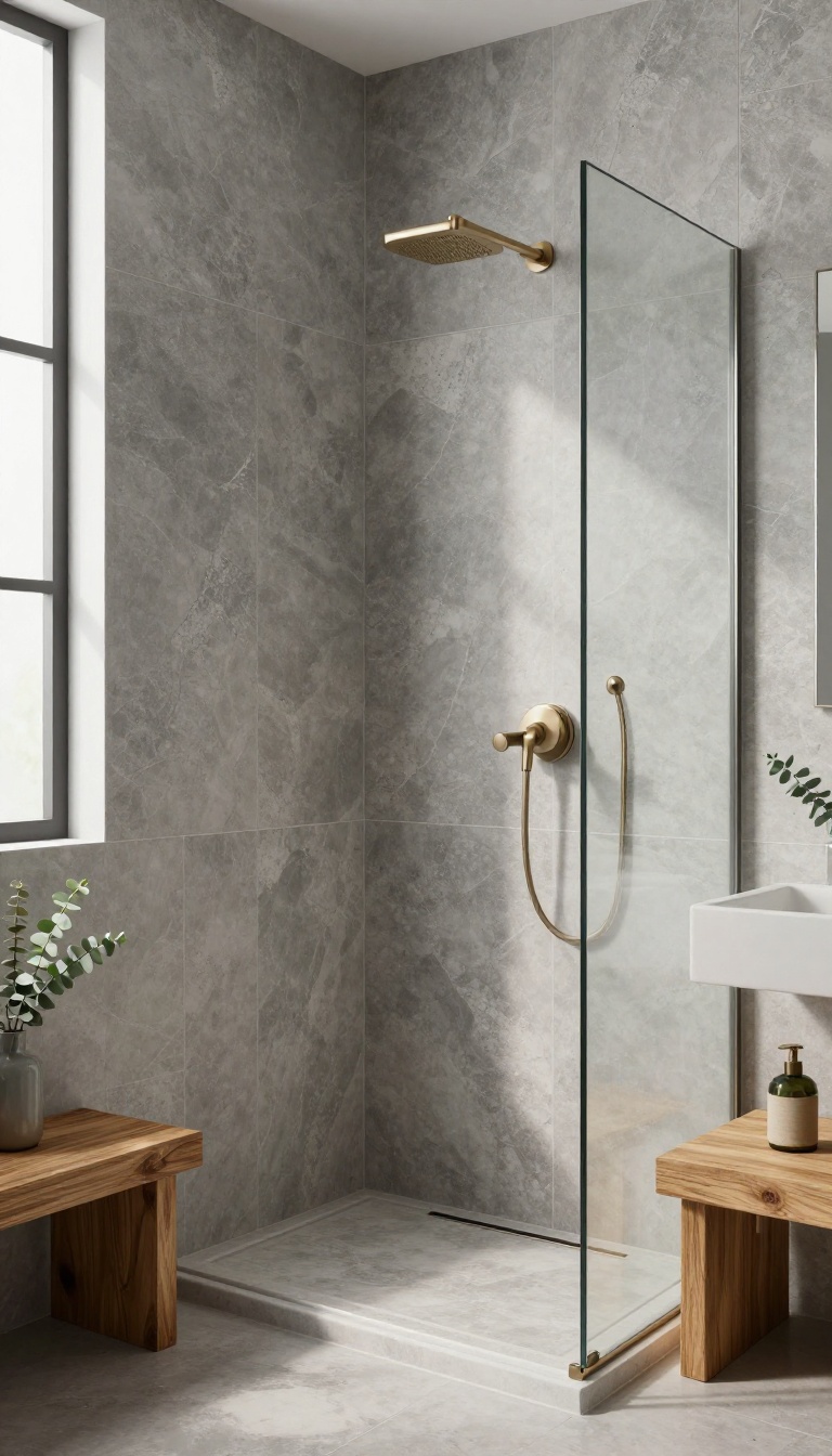 Spa-like shower with textured grey stone-look porcelain tiles, teak bench, and eucalyptus, featuring a linear drain and natural light.