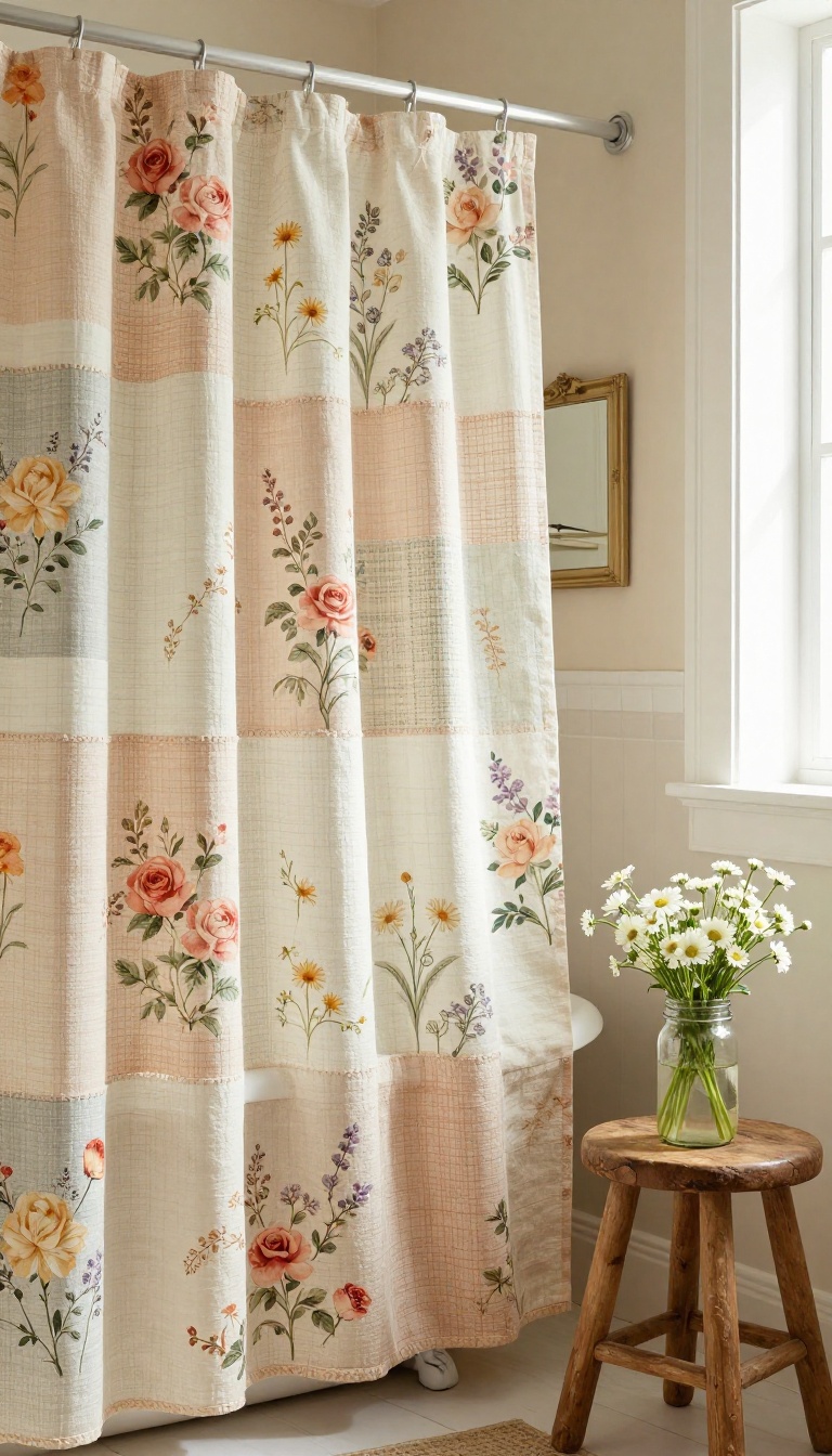Vintage floral patchwork shower curtain in a cozy shabby-chic bathroom with a clawfoot tub and natural light
