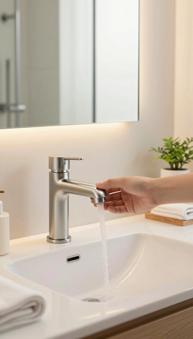 Modern guest bathroom with a touchless faucet in action, hand under the stream of water