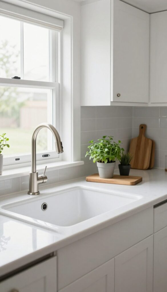 White ceramic drop-in sink in a bright modern kitchen with white quartz countertop and brushed nickel faucet