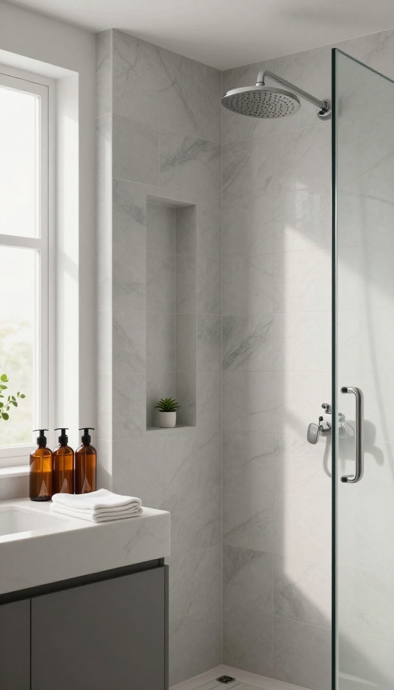Modern shower with built-in tile niche holding neatly arranged shampoo bottles and a small plant