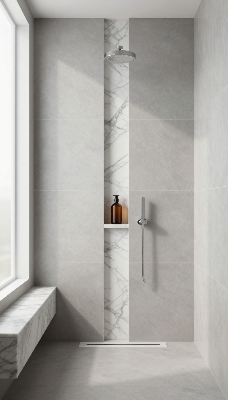Grey tile shower with marble niche and bench for an elegant look