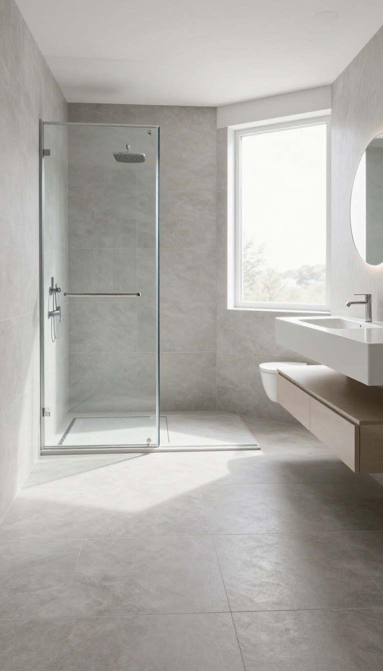 Curbless walk-in shower with linear drain in a bright modern bathroom