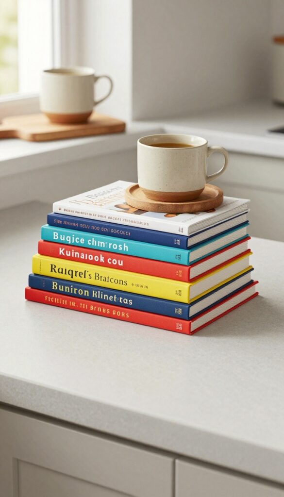 A neat stack of colorful cookbooks on a kitchen countertop with a wooden cutting board and a mug on top, styled for elegant decor.