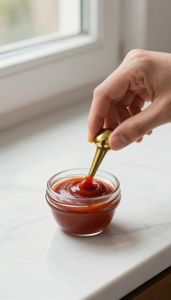 Hand applying ketchup to a brass doorknob for cleaning