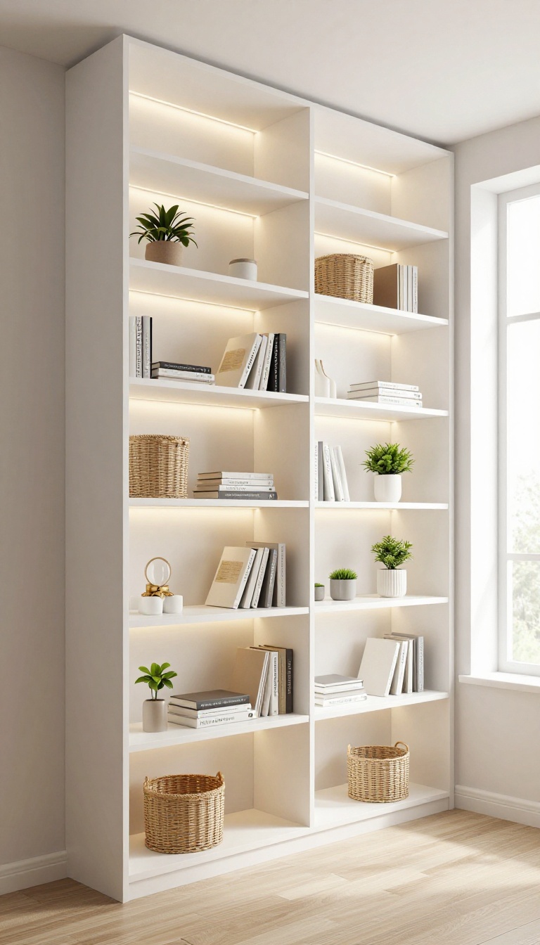 Small bedroom with tall white shelves providing vertical storage, styled with baskets and decor, illuminated by natural light and subtle LED strip lighting.