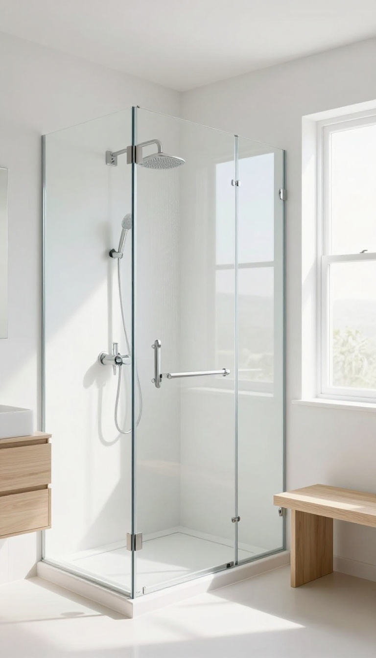 Frameless glass walk-in shower in a bright, airy modern bathroom