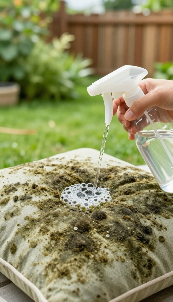 Spraying hydrogen peroxide solution onto moldy outdoor cushions in bright sunlight