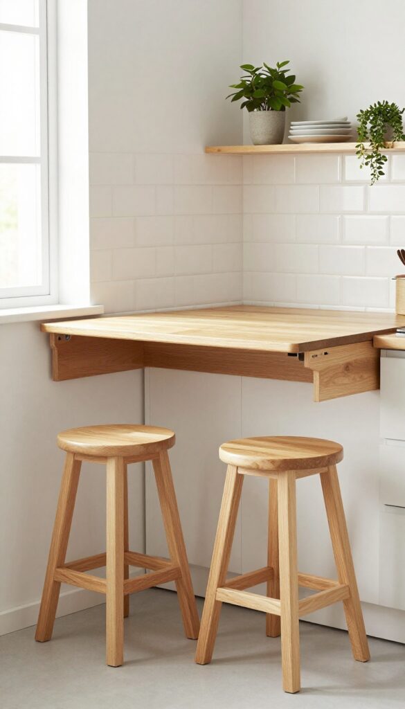 Fold-down table with stools in a small bright kitchen, showcasing a space-saving dining solution.