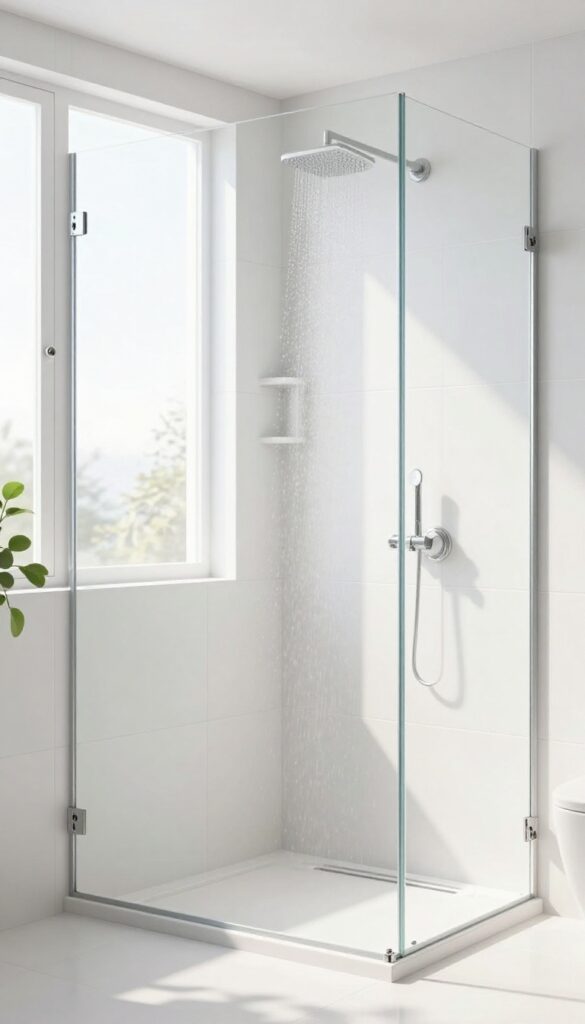 Modern bathroom shower with large white tiles and minimal grout lines, bright and airy