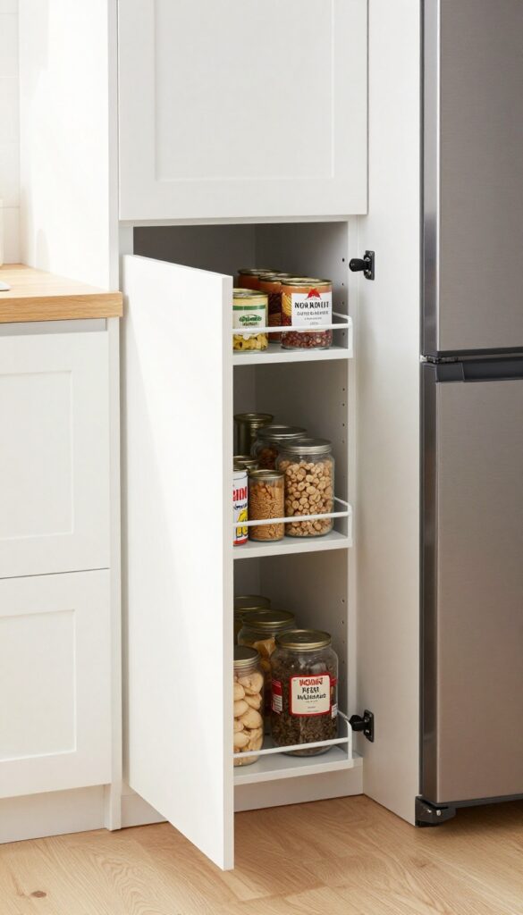 Slim pull-out pantry beside refrigerator in a bright modern kitchen