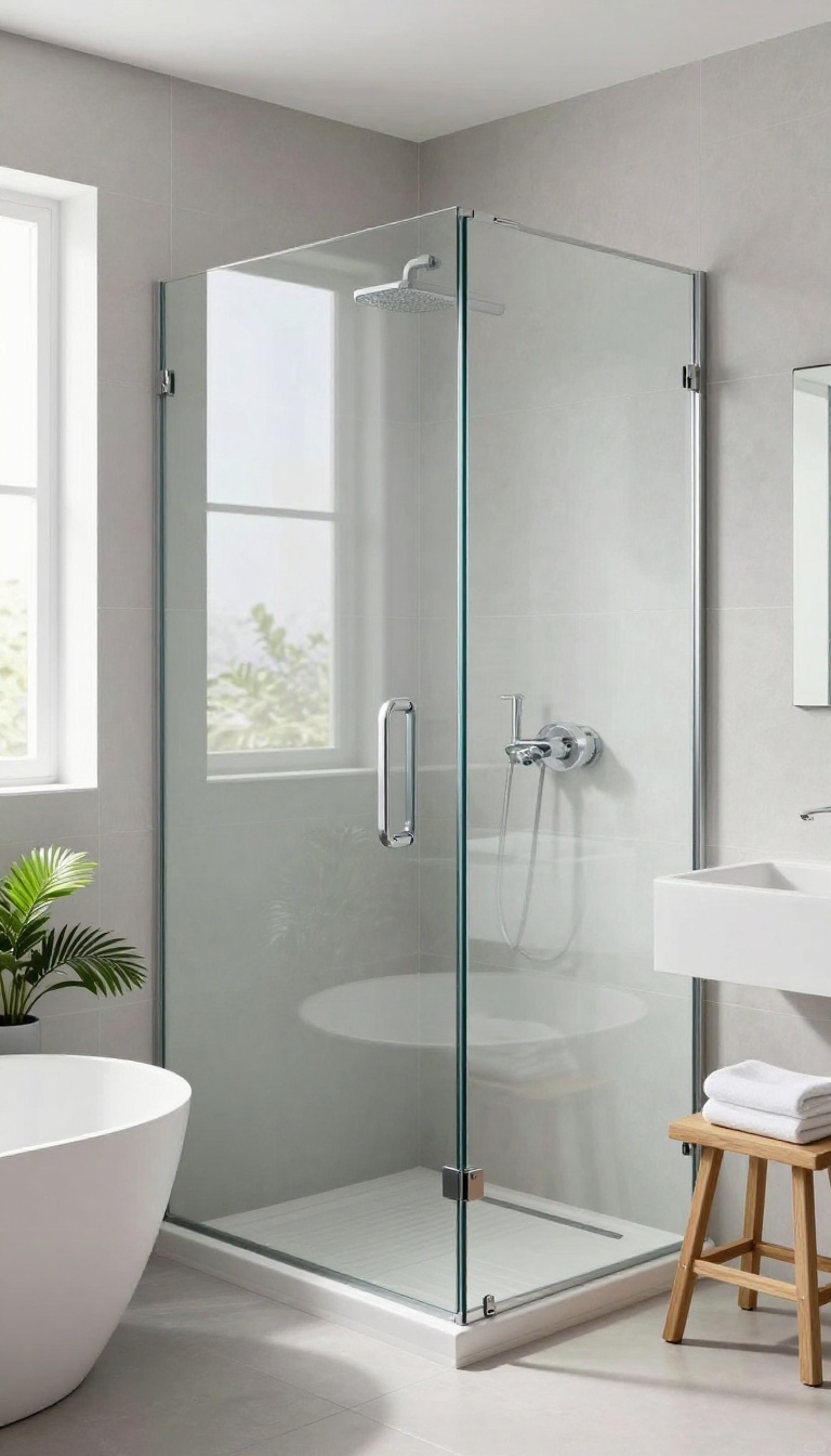 Small bathroom with a bathtub and frameless glass shower panel and door, bright and airy