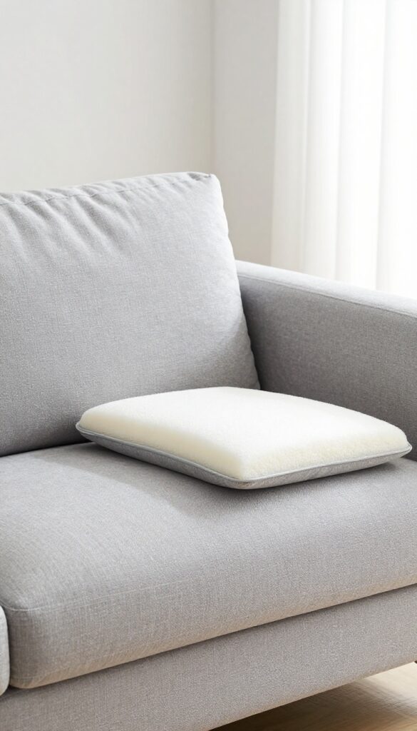 Hand unzipping and removing a cushion cover from a couch cushion in a bright living room