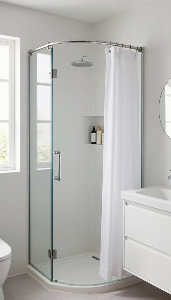 Small bathroom with a corner shower featuring frameless glass and a curved curtain rod, maximizing space with clever design.